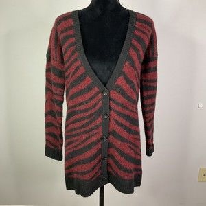LINI Womens Sweater Cardigan Red Black Striped V Neck Nylon Wool Alpaca XS